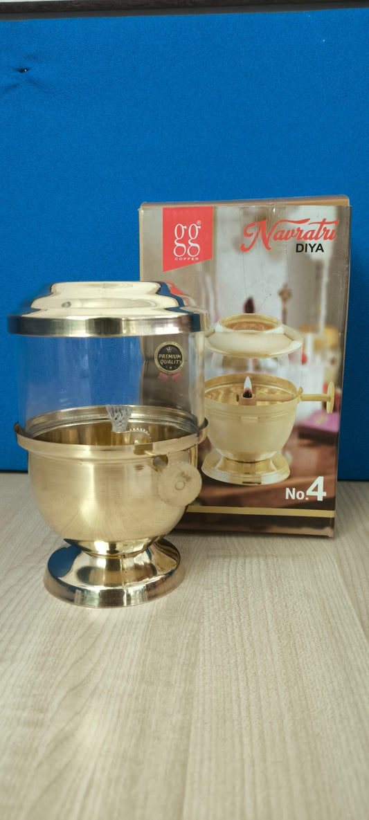 Pure Brass Akhand Jyot Diya – Large Size (200 ml) with Adjustable Bati Knob & Borosilicate Glass Cover